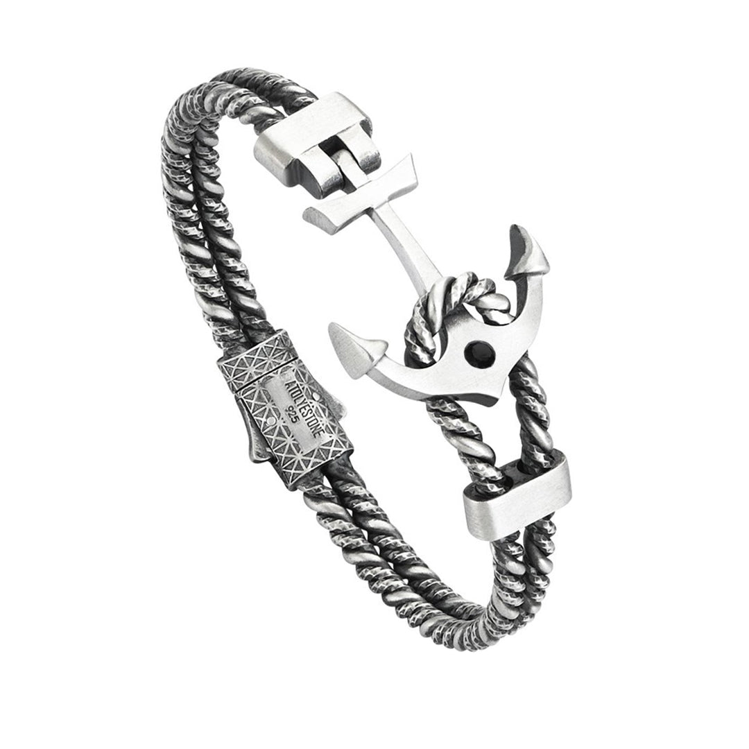 Mens Diamond Invictus Anchor Bangle - Solid Silver - Cubic Zirconia