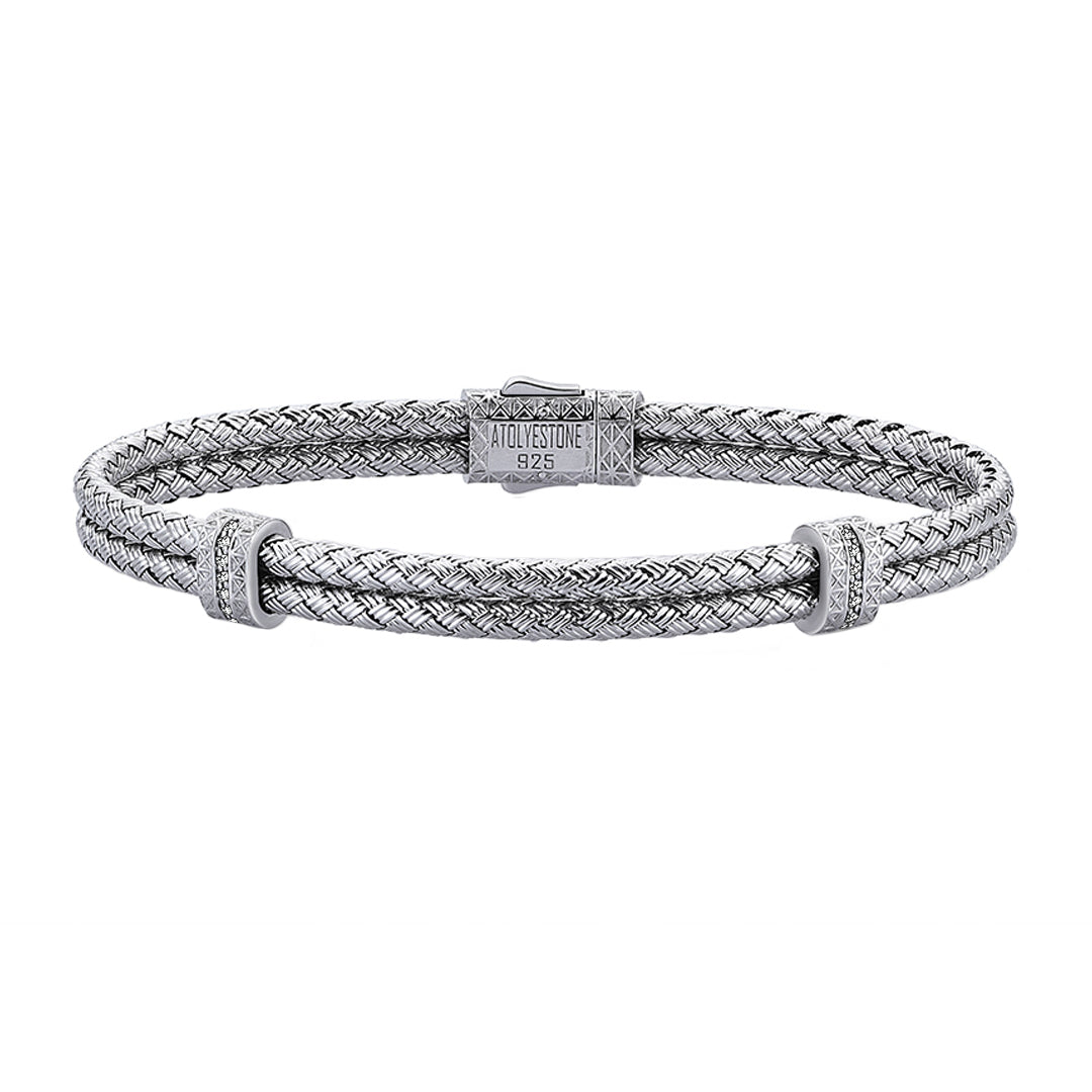 Men's Classic Silver Bangle Paved with White Diamonds - Atolyestone