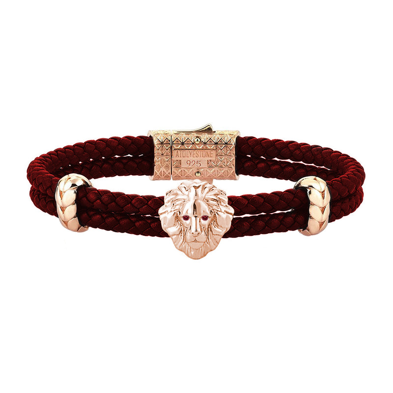 Diamond Leo Leather Bracelet - Rose Gold - Dark Red Leather - Ruby