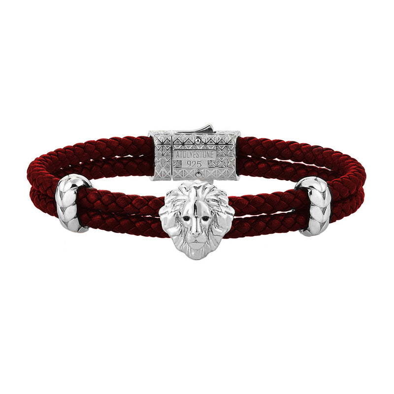 Diamond Leo Leather Bracelet - Silver - Dark Red Leather - Black Diamond