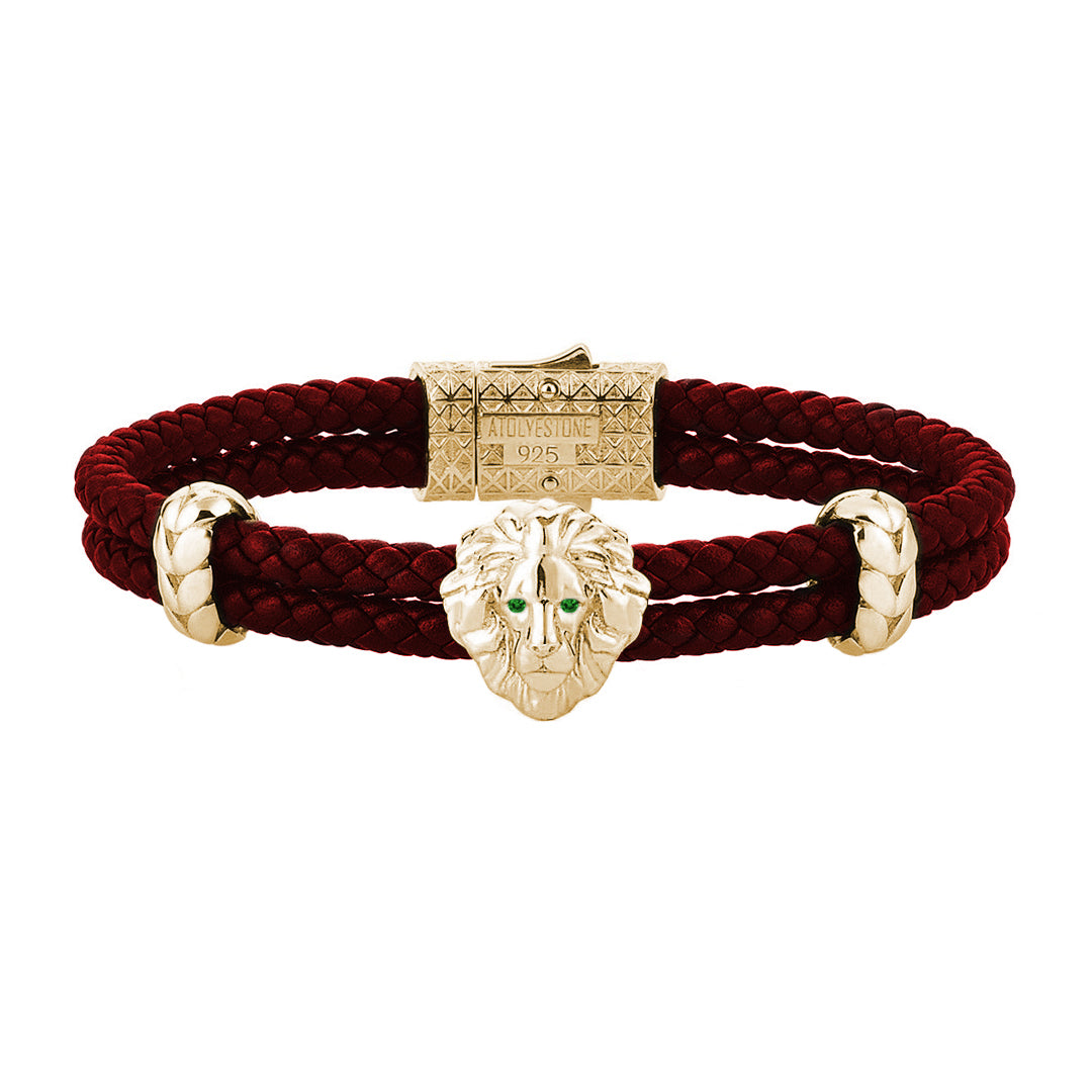 Diamond Leo Leather Bracelet - Yellow Gold - Dark Red Leather - Emerald