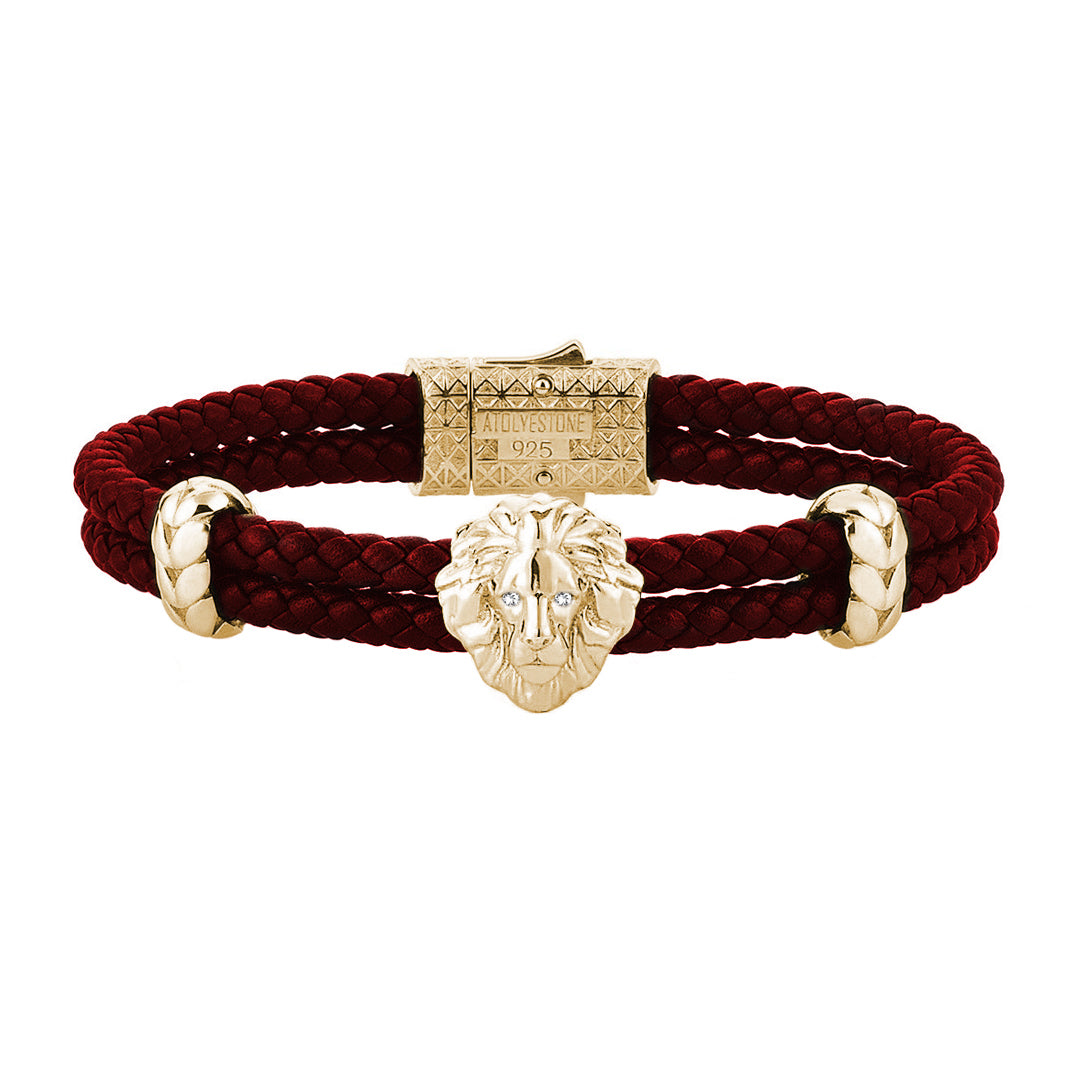 Diamond Leo Leather Bracelet - Yellow Gold - Dark Red Leather - White Diamond