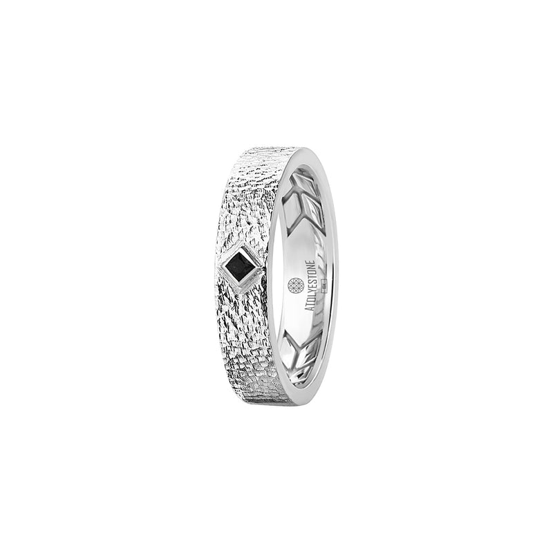 Men's Real White Gold Hammered Band Solitaire Ring