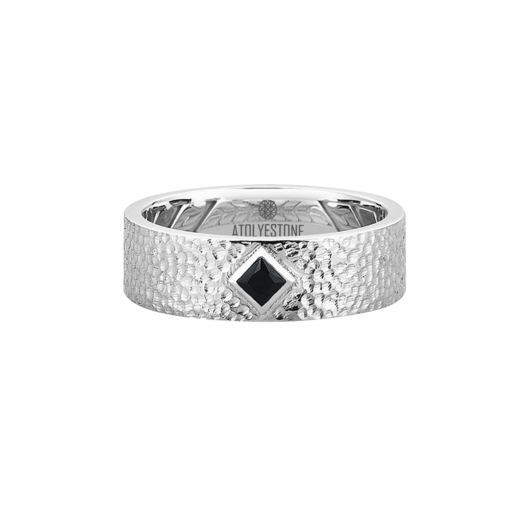 Men's 925 Solid Silver 7mm Hammered Band Solitaire Wedding Ring