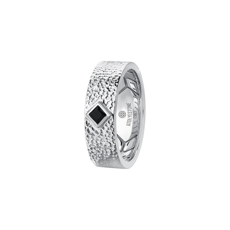 925 Solid Silver 7mm Hammered Band Ring with Black CZ