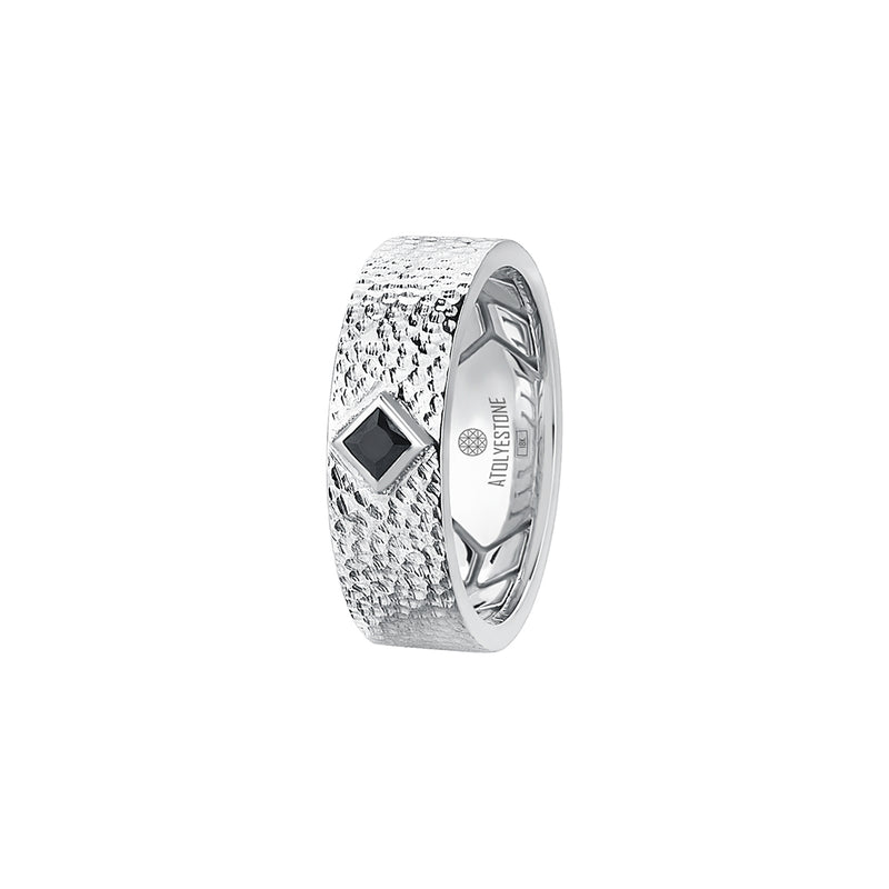 Men's Real White Gold Hammered Bold Band Solitaire Ring