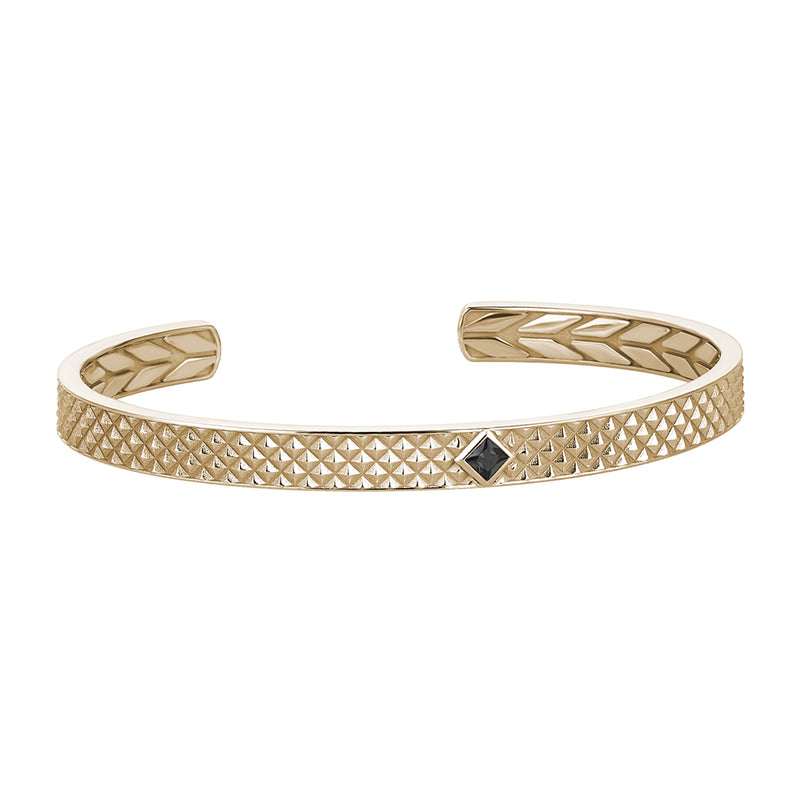 Men's Solid Yellow Gold Black Diamond Paved Open Cuff Bracelet with Pyramid Design