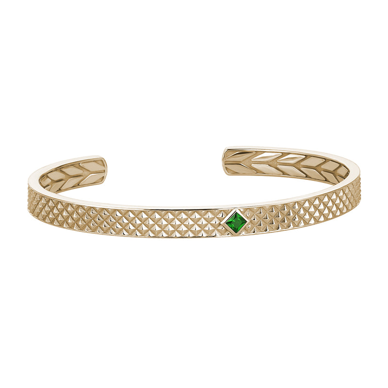 Men's Solid Yellow Gold Emerald Paved Open Cuff Bracelet with Pyramid Design