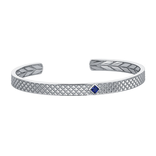 Men's 925 Sterling Silver Pyramid Design Open Cuff Bracelet with Sapphire
