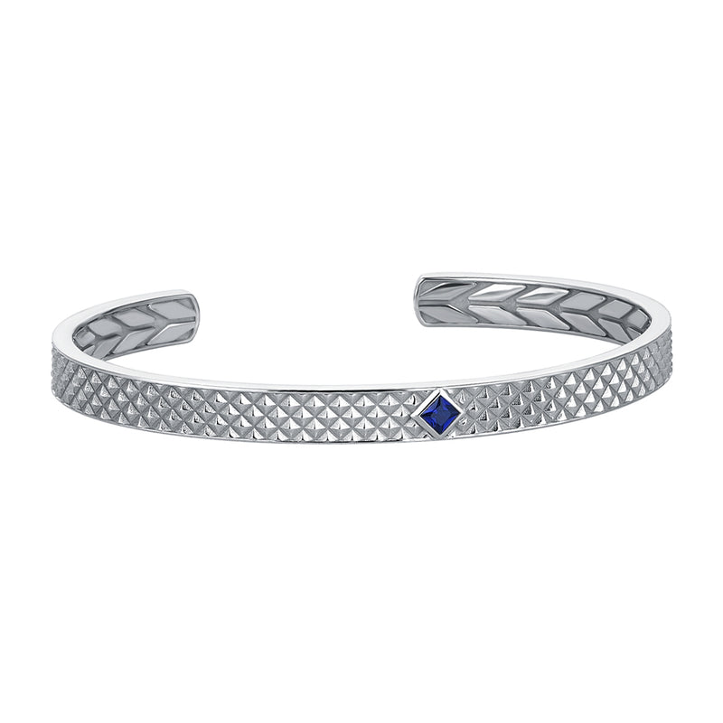 Men's 925 Sterling Silver Pyramid Design Open Cuff Bracelet with Sapphire