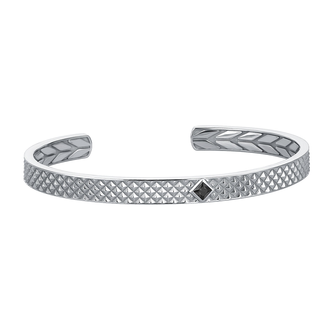 Men's Solid White Gold Black Diamond Paved Open Cuff Bracelet with Pyramid Design