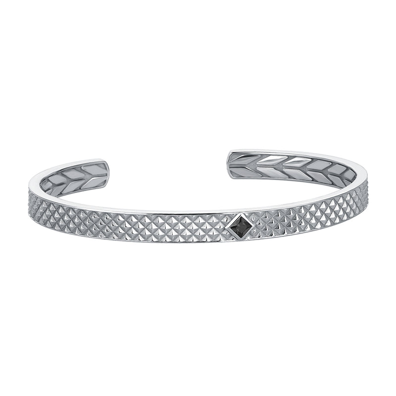 Men's 925 Sterling Silver Pyramid Design Open Cuff Bracelet with Black Diamond