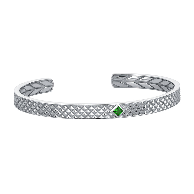Men's Solid White Gold Emerald Paved Open Cuff Bracelet with Pyramid Design