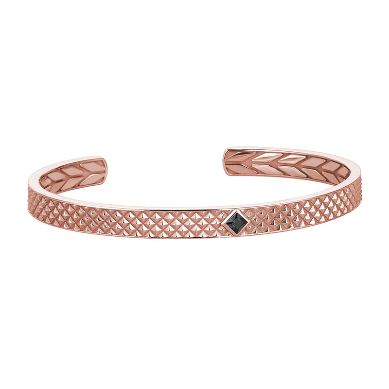 Men's Solid Rose Gold Black Diamond Paved Open Cuff Bracelet with Pyramid Design
