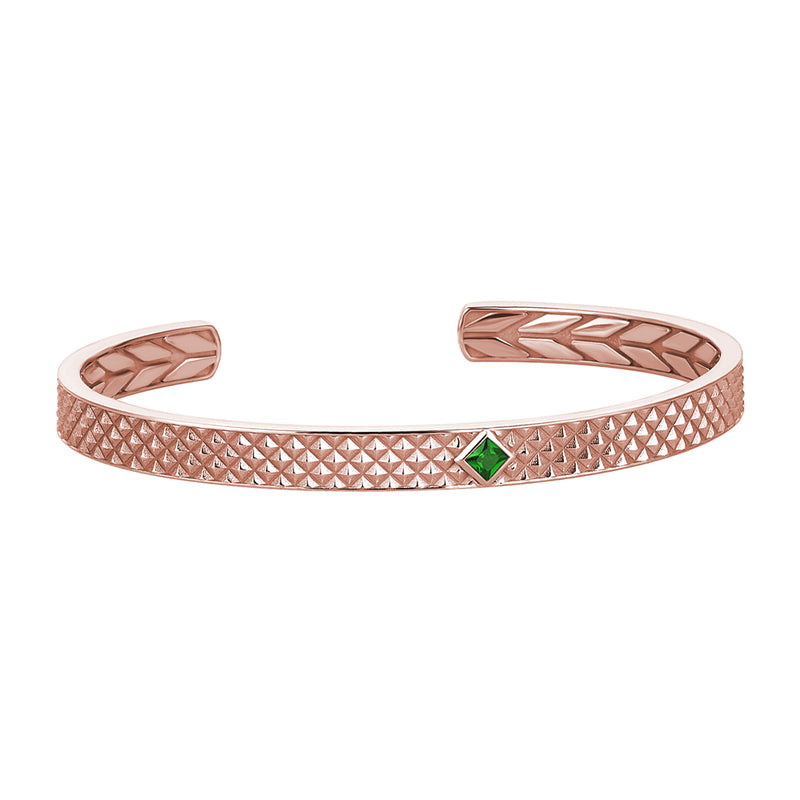 Men's Solid Rose Gold Emerald Paved Open Cuff Bracelet with Pyramid Design