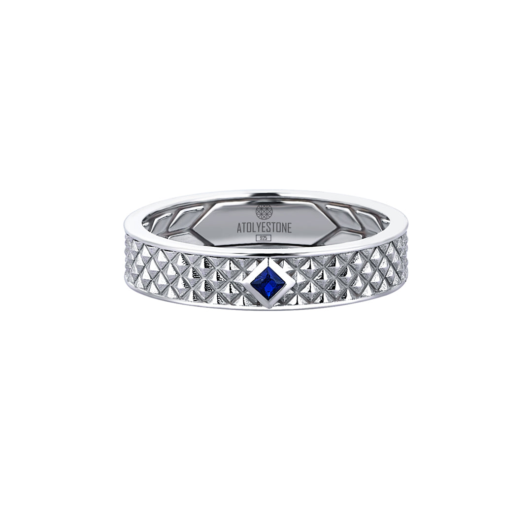 Men's Colored Diamond Paved Silver Band Ring with Pyramid Design