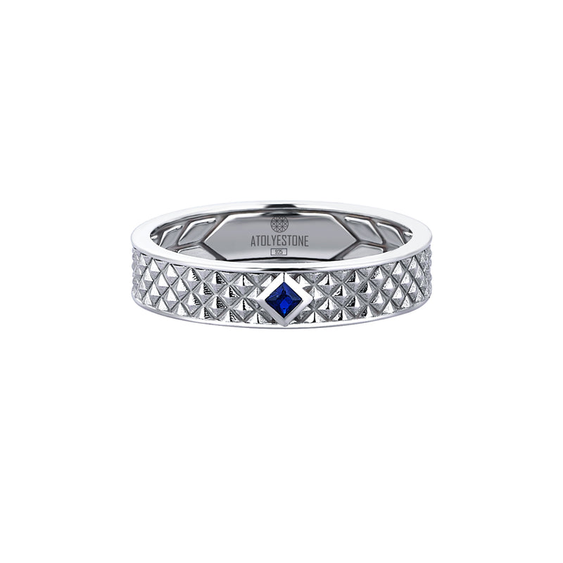 Men's Sapphire Paved 925 Sterling Silver Band Ring with Pyramid Design