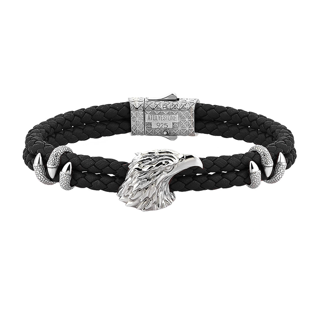 Mens Eagle Leather Bracelet  - Black Leather - Solid Silver