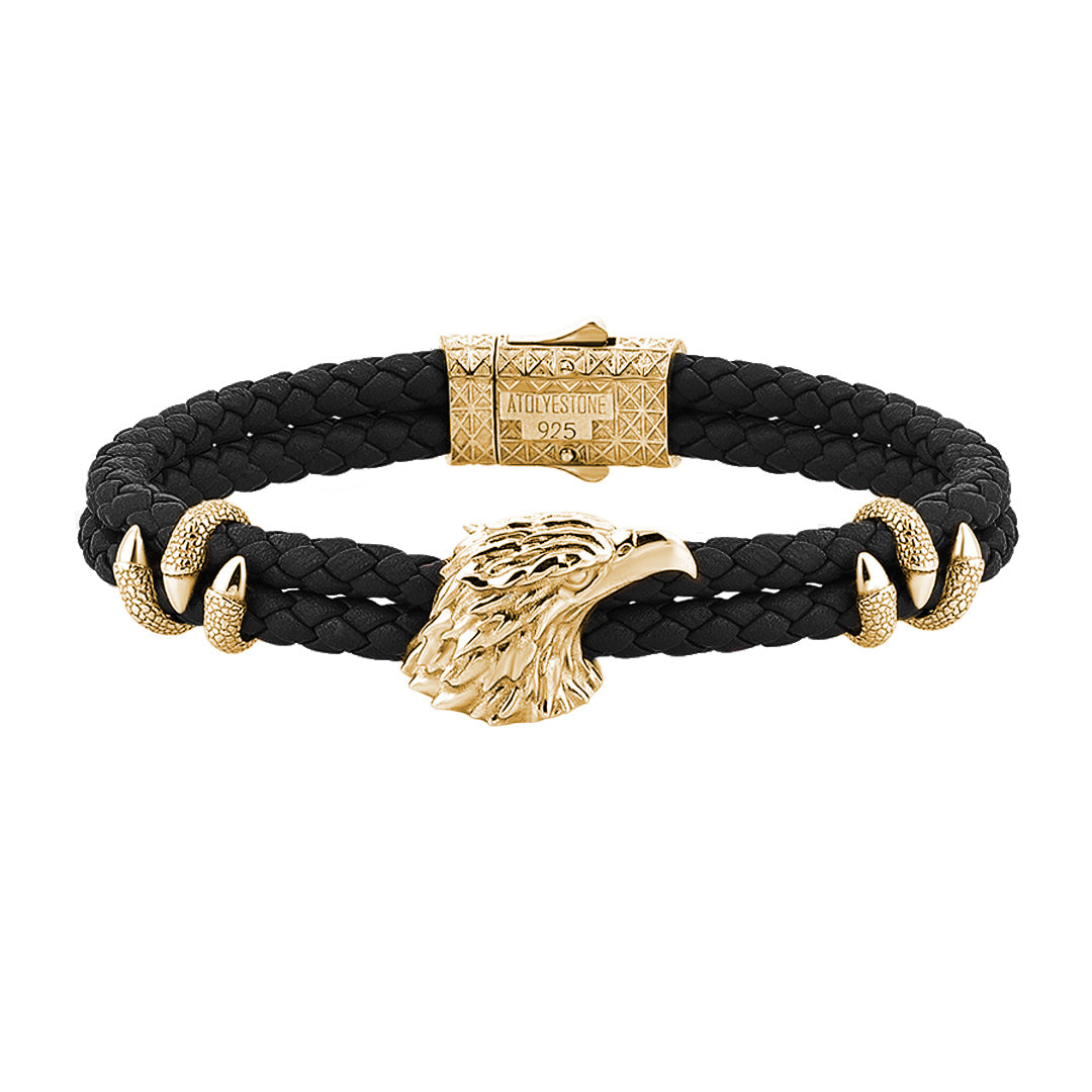 Mens Eagle Leather Bracelet  - Black Leather - Yellow Gold