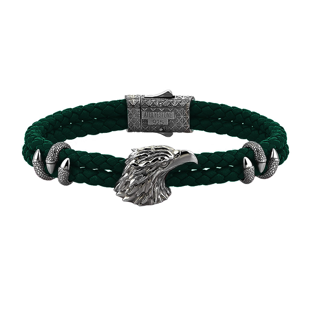 Mens Eagle Leather Bracelet  - Dark Green Leather - Gunmetal