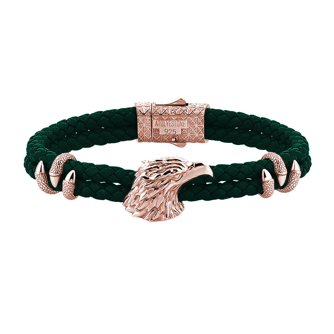 Mens Eagle Leather Bracelet  - Dark Green Leather - Rose Gold
