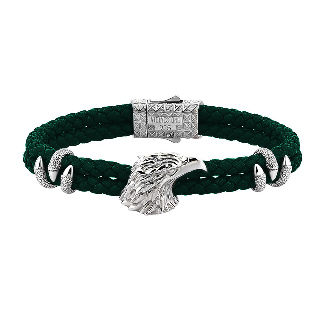 Mens Eagle Leather Bracelet  - Dark Green Leather - Solid Silver