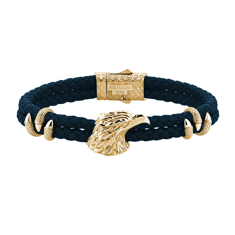 Eagle Leather Bracelet - Yellow Gold - Navy Leather