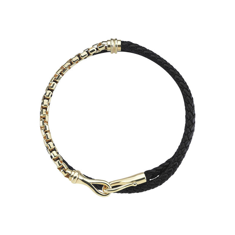 Men's 14k Solid Gold Box Chain & Fish Hook Leather Wrap Bracelet