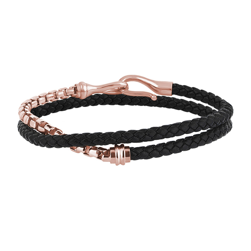 Men's 14k Solid Rose Gold Box Chain & Fish Hook Black Leather Wrap Bracelet