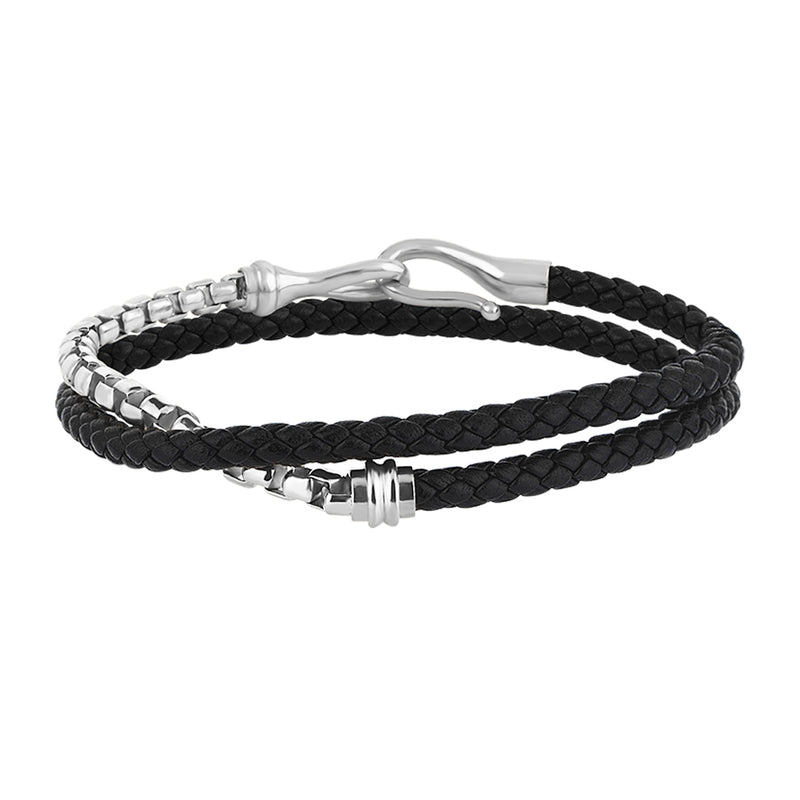Men's 14k Solid White Gold Box Chain & Fish Hook Black Leather Wrap Bracelet
