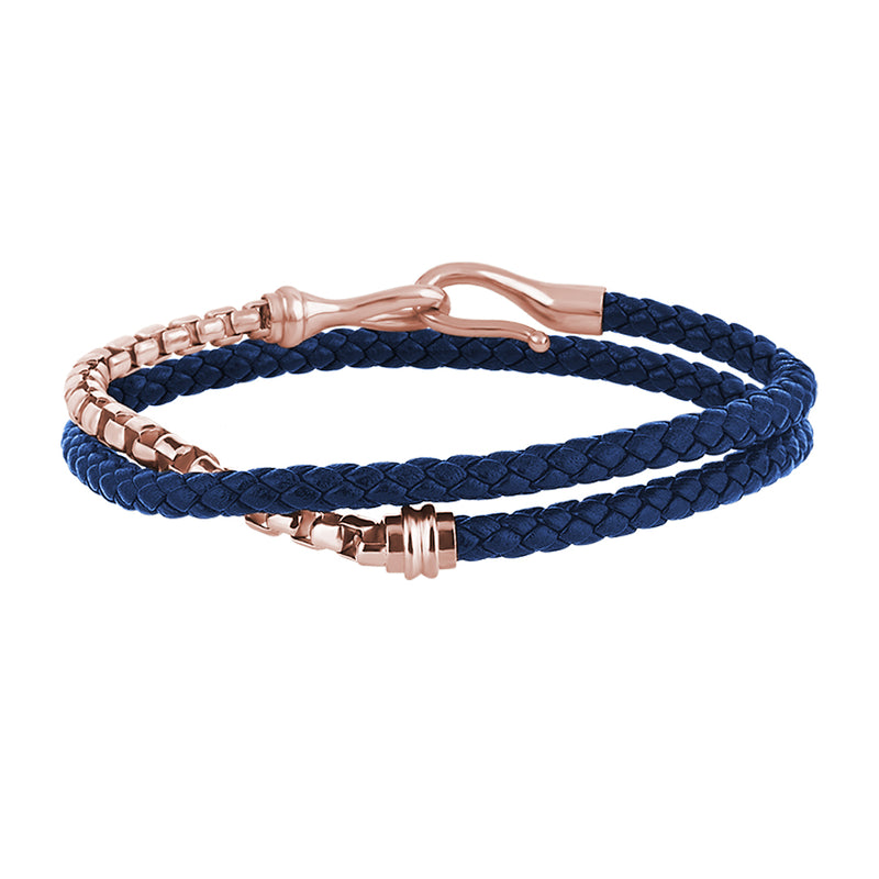 Men's 14k Solid Rose Gold Box Chain & Fish Hook Blue Leather Wrap Bracelet
