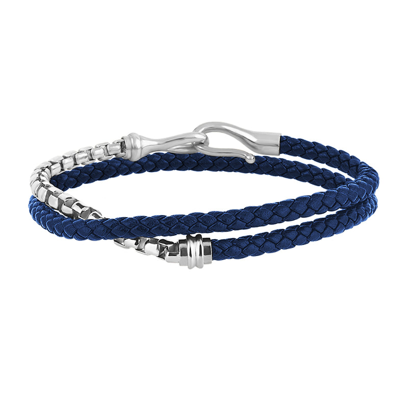 Fish Hook Leather & Box Chain Wrap Bracelet - Blue & Silver