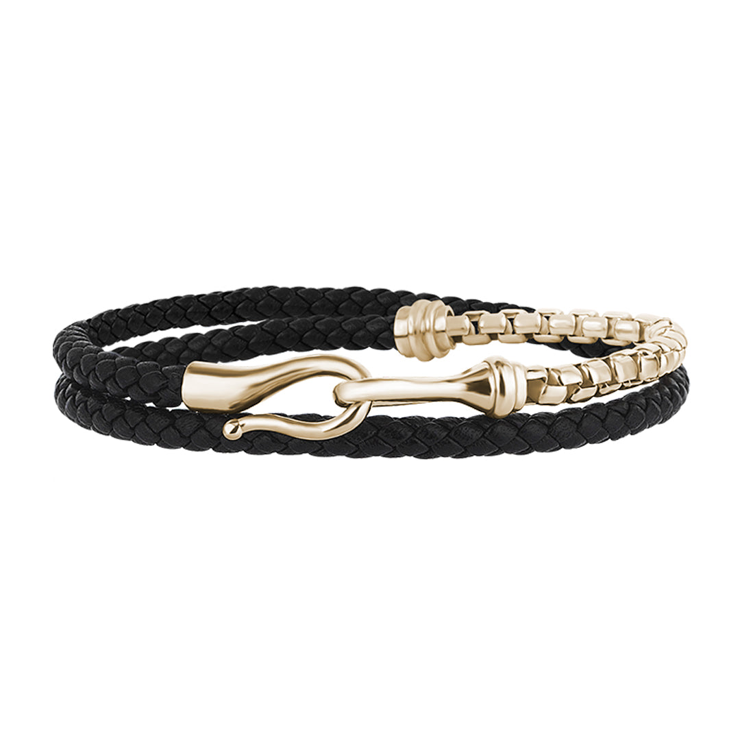 Men's 925 Sterling Silver Box Chain & Fish Hook Black Leather Wrap Bracelet - Yellow Gold