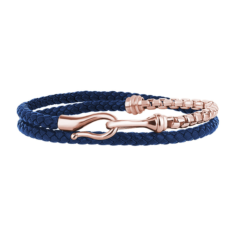 Men's 14k Real Rose Gold Box Chain & Fish Hook Blue Leather Wrap Bracelet