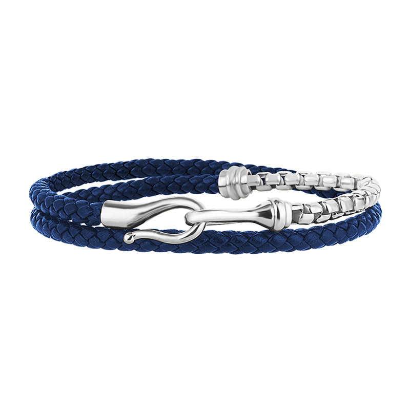Men's 925 Sterling Silver Box Chain & Fish Hook Blue Leather Wrap Bracelet