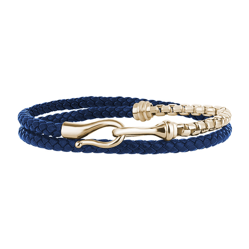Men's 925 Sterling Silver Box Chain & Fish Hook Blue Leather Wrap Bracelet - Yellow Gold