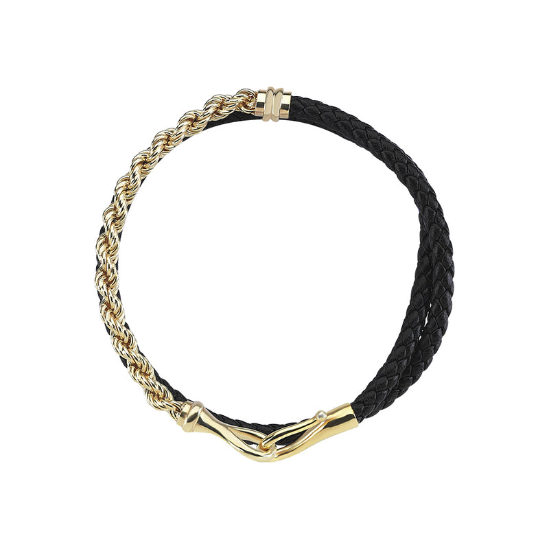 Men's 14k Solid Gold Rope Chain & Fish Hook Leather Wrap Bracelet