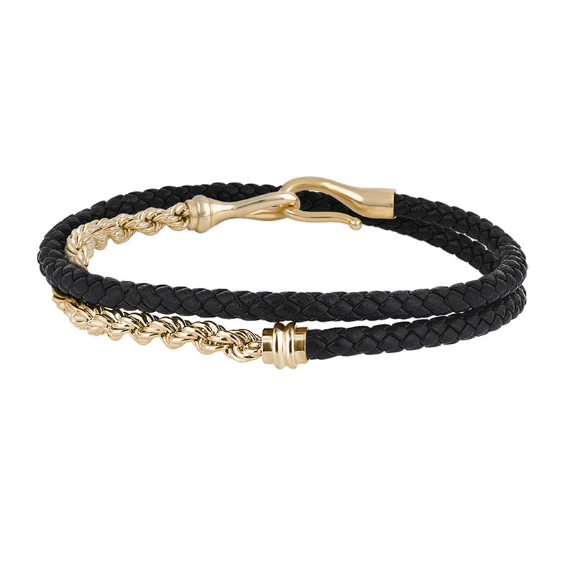 Men's 925 Sterling Silver Rope Chain & Fish Hook Black Leather Wrap Bracelet - Yellow Gold
