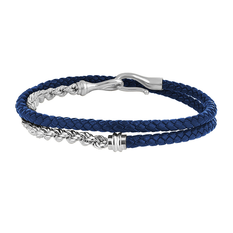 Men's 14k Solid White Gold Rope Chain & Fish Hook Blue Leather Wrap Bracelet