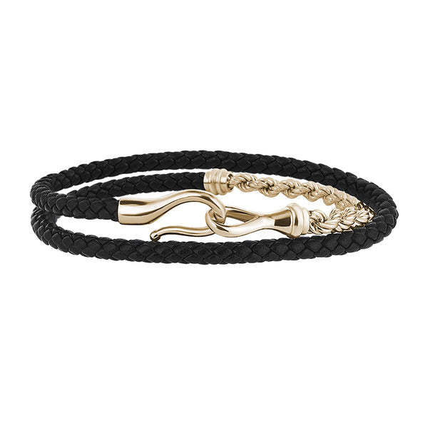 Men's Solid Silver Rope Chain & Fish Hook Black Leather Wrap Bracelet - Yellow Gold