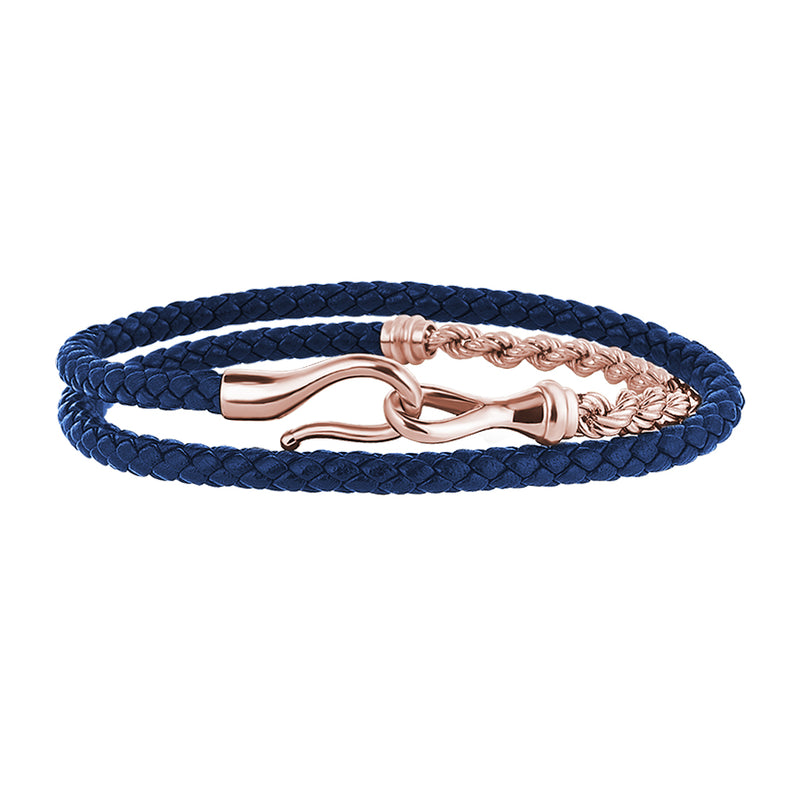 Men's 14k Rose Gold Rope Chain & Fish Hook Blue Leather Wrap Bracelet