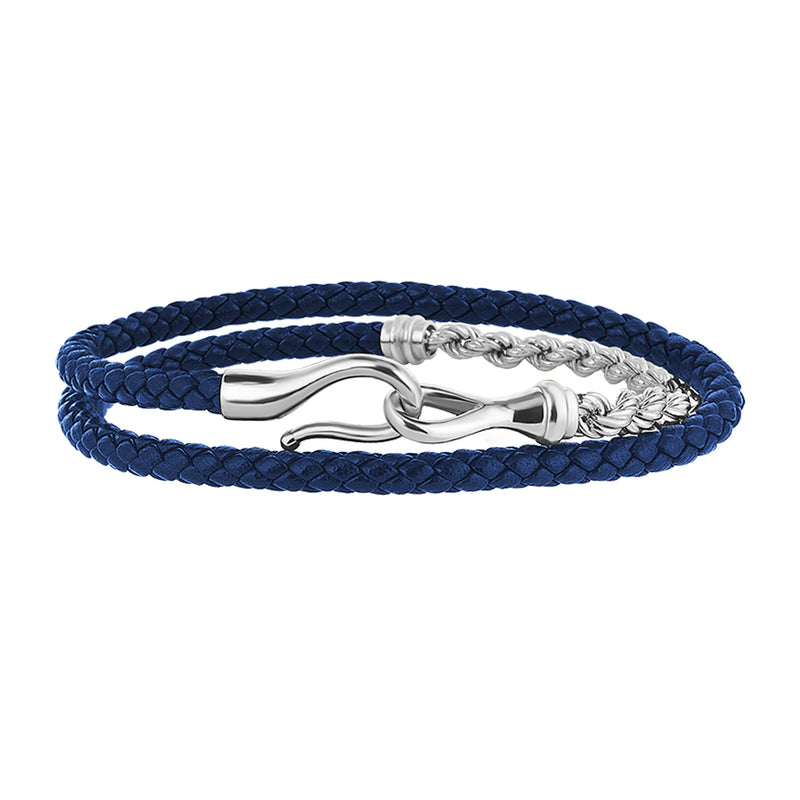 Men's 14k White Gold Rope Chain & Fish Hook Blue Leather Wrap Bracelet