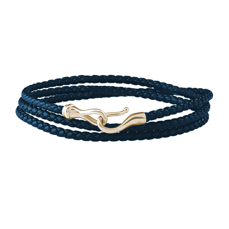 Fish Hook Triple Wrap Leather Bracelet in Gold - 14K Gold / Yellow Gold / Blue Nappa
