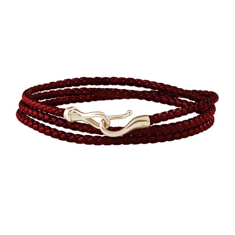 Fish Hook Triple Wrap Leather Bracelet in Gold - 10K Gold / Yellow Gold / Dark Red Nappa
