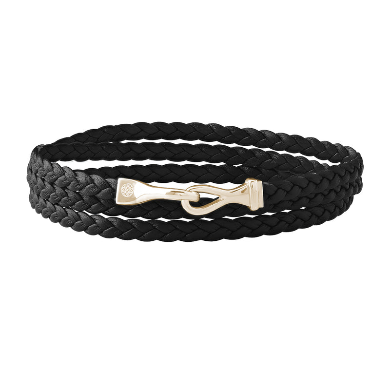 Fish Hook Wrap Flat Leather Bracelet in Solid Silver - Black Leather & Yellow Gold