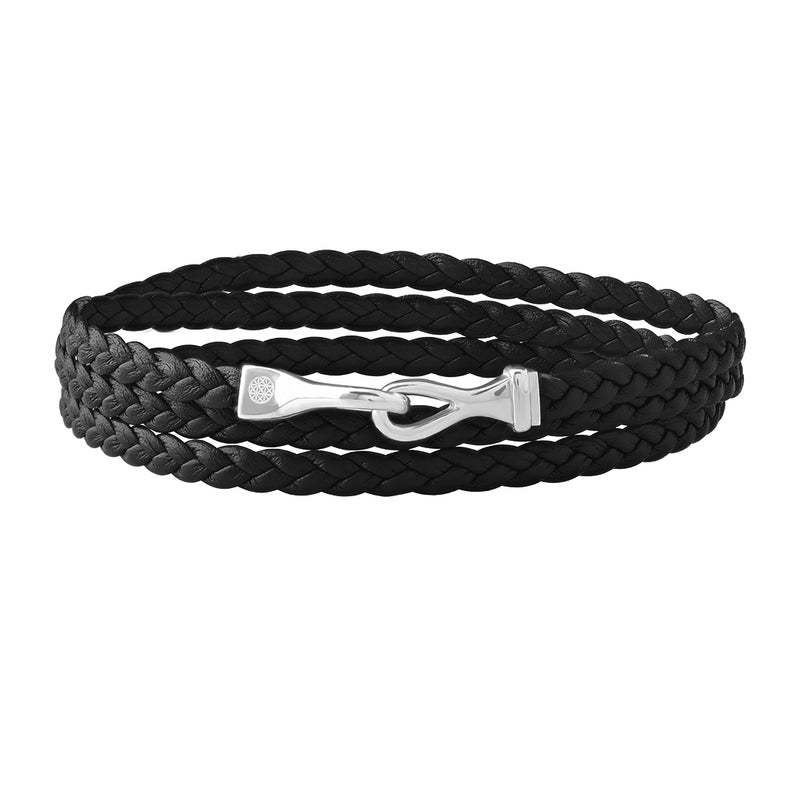 Fish Hook Wrap Flat Leather Bracelet in Solid Silver - Black Leather & Silver