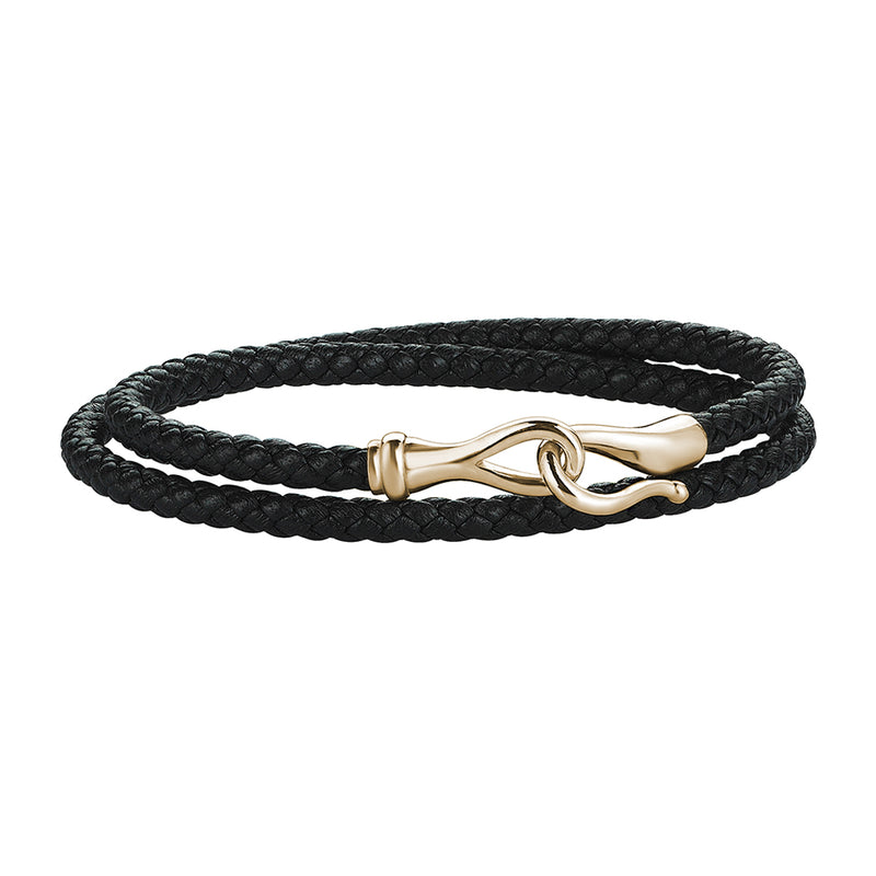 Men's Black Leather Wrap Bracelet with 10k Yellow Gold Fish Hook Clasp