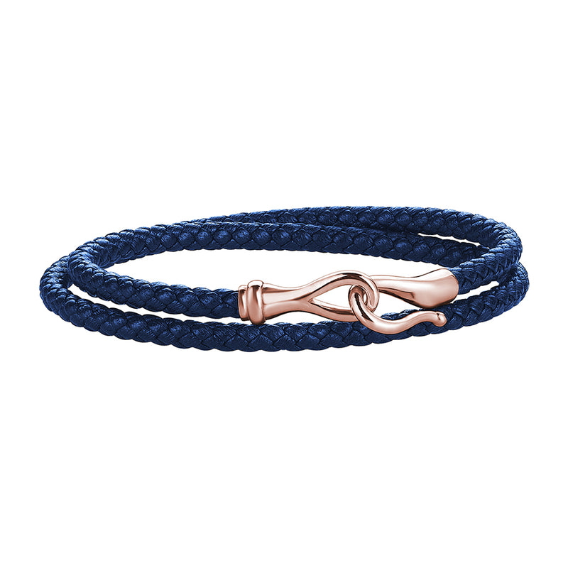 Men's Blue Leather Wrap Bracelet with 14k Rose Gold Fish Hook Clasp
