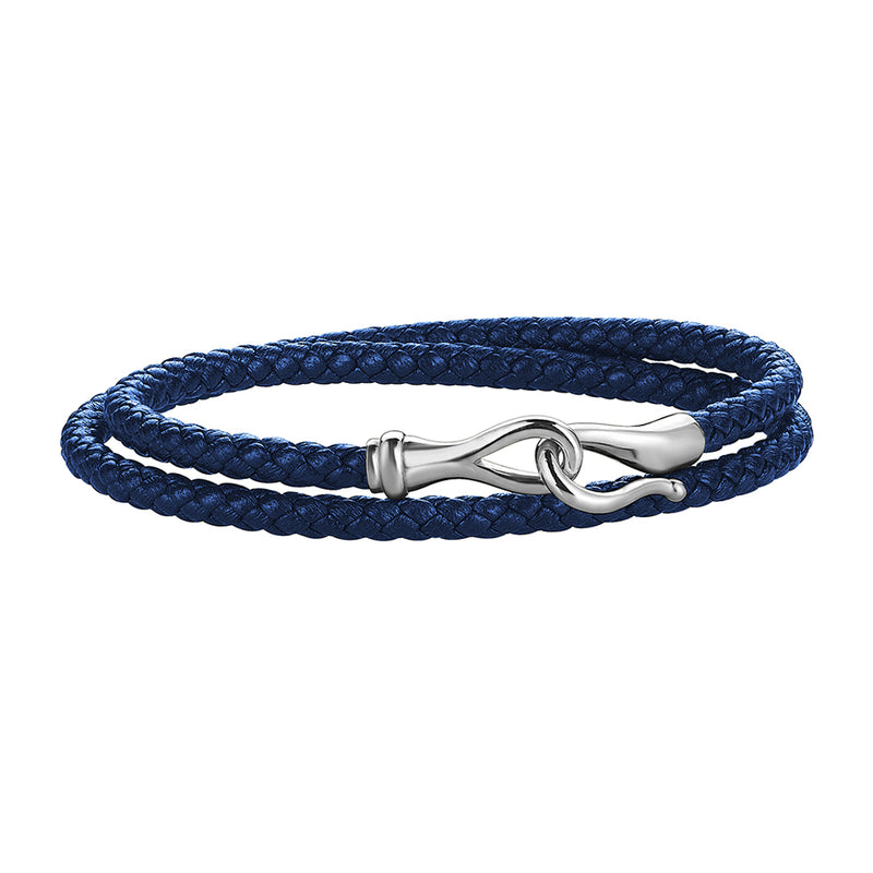 Men's Blue Leather Wrap Bracelet with Silver Fish Hook