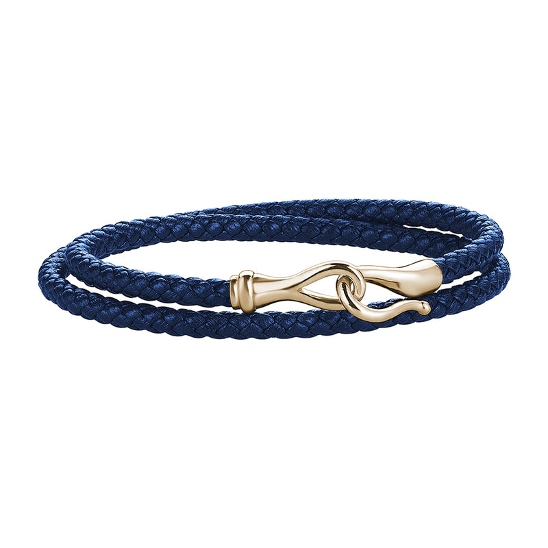 Men's Blue Leather Wrap Bracelet with 10k Yellow Gold Fish Hook Clasp